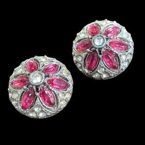 Vintage Bogoff Clip On Earrings Pink Silver Marquise Rhinestone Flower